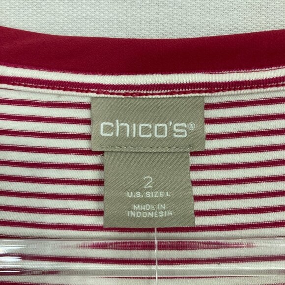 New Chico's Red White Striped V Neck Side Stretch Slit Knit Top size Large/2 - Picture 2 of 11